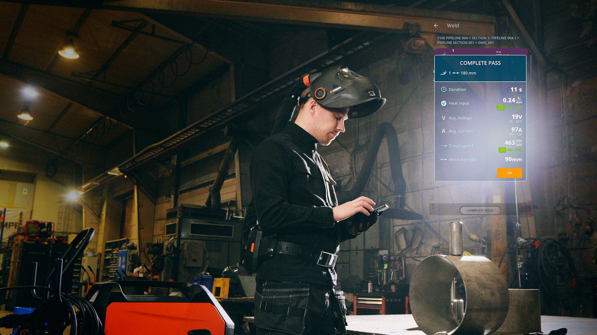 A welder receives a summary of the previous weld, including the calculated heat input. 