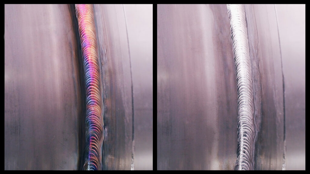 Stainless steel TIG weld before (left) and after the electrolytic weld cleaning.