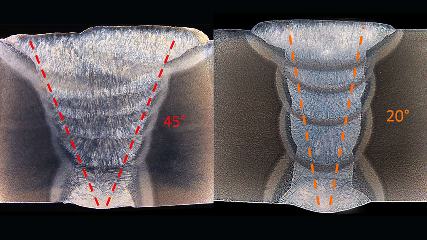 On the left, a traditional weld with 7 weld passes and on the right a weld utilizing Reduced Gap Technology, using only 5 weld passes.