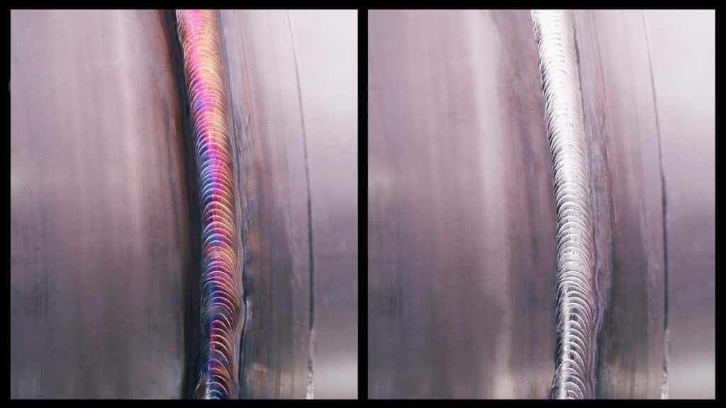 Stainless steel TIG weld before (left) and after the electrolytic weld cleaning.